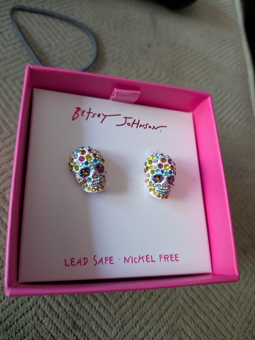 Betsey Johnson White Skull Stud Earrings with Multicolor Crystals - Picture 4 of 5